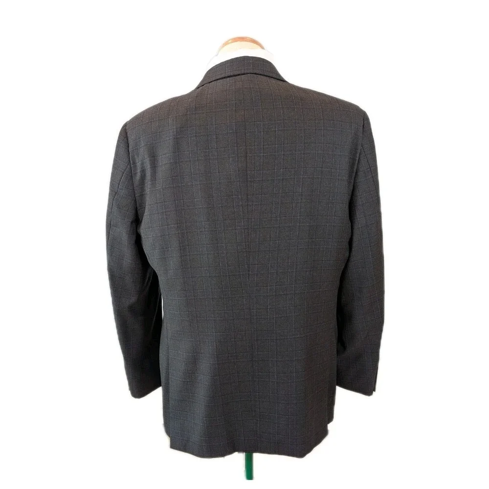 Hickey Freeman Suit Mens 44R Gray Blue Windowpane 2 Button 100% Wool 36x29 USA